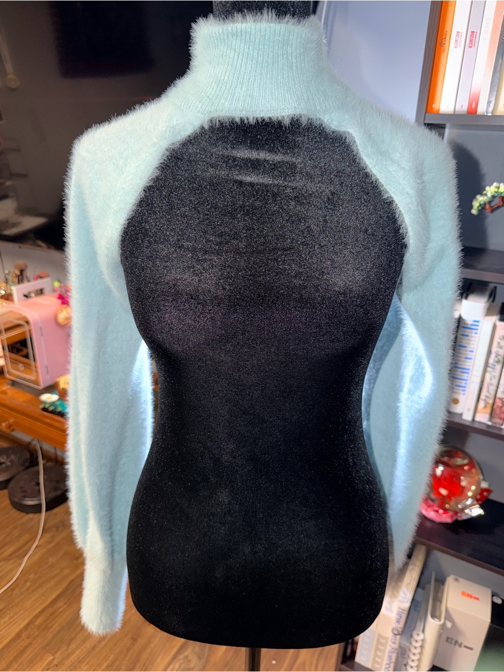 Fuzzy Mock Neck Women's Shrug Sweater in Light Blue